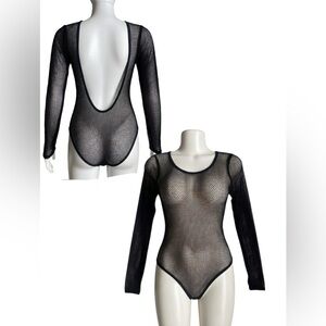 Black Sheer Mesh Bodysuit  Long Sleeve Fishnet Stretch Teddy Leotard Clubwear